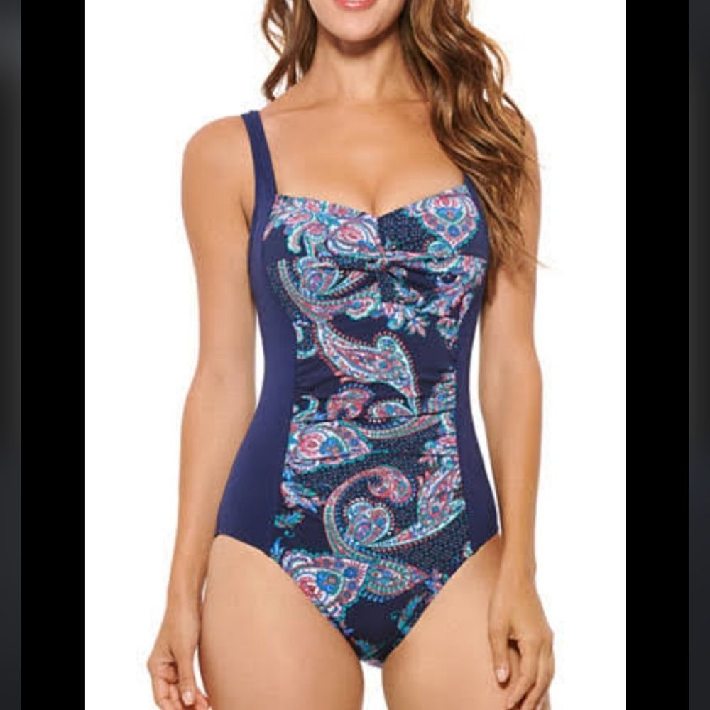 CHRISTINA MEDALLION PAISLEY TWIST FRONT ONE-PIECE SWIMSUITS